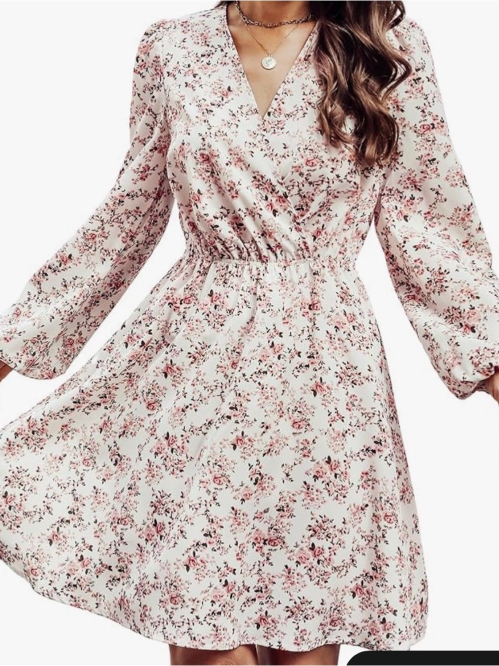 Cupshe Cream Floral Long Sleeve V-Neck Smocked Waist Dress